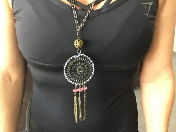 Brown Mandala Style Necklace with Pink Beads and Chains - Image 7