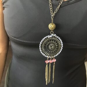 Brown Mandala Style Necklace with Pink Beads and Chains