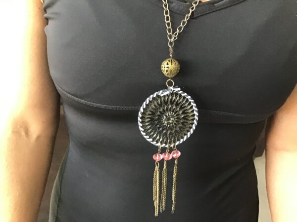 Brown Mandala Style Necklace with Pink Beads and Chains