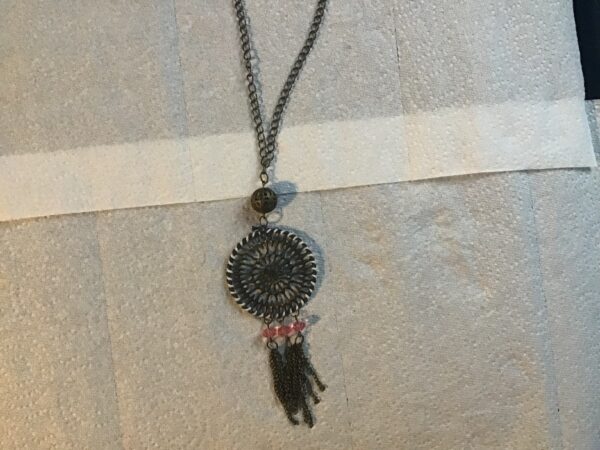 Brown Mandala Style Necklace with Pink Beads and Chains - Image 6