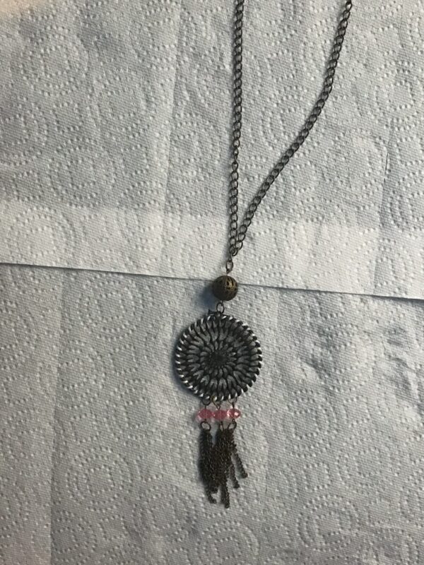 Brown Mandala Style Necklace with Pink Beads and Chains - Image 4