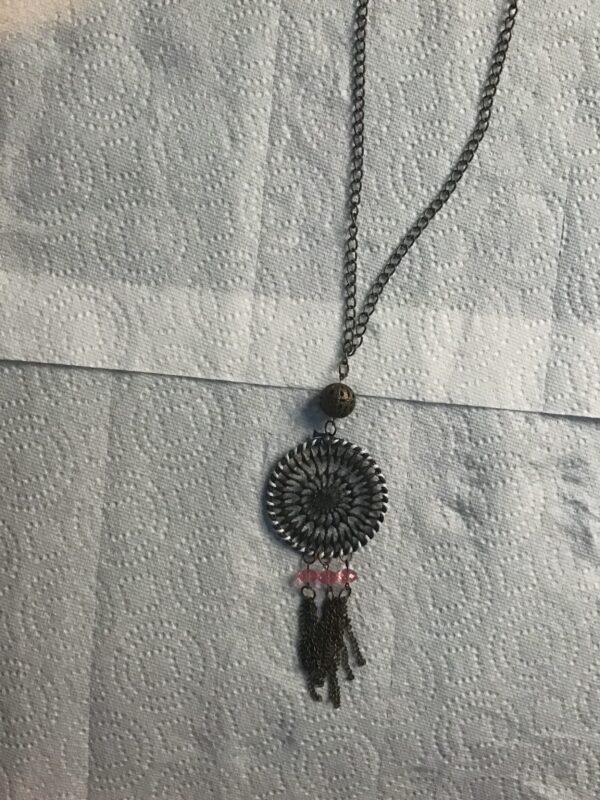 Brown Mandala Style Necklace with Pink Beads and Chains - Image 2