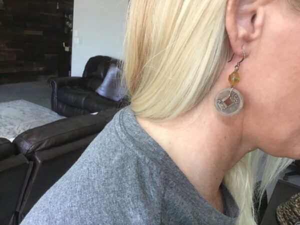 Chinese Coin and Amber Colored Bead Earrings