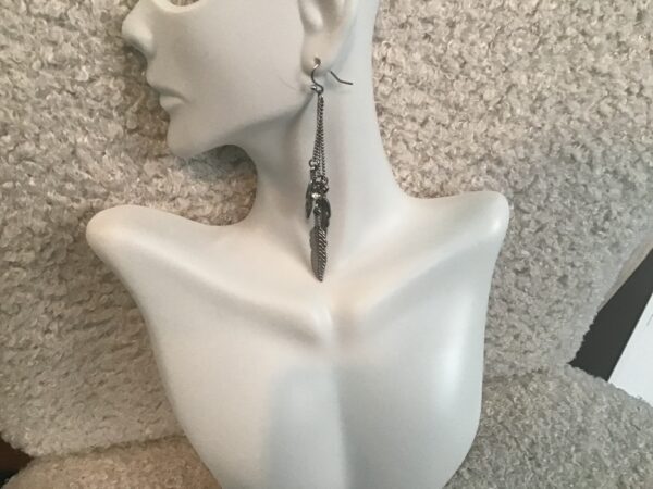 Dangling (Silver Colored) Feather Earrings with Sparkly Stones - Image 3