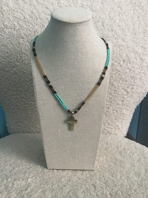 Cross Necklace (Silver Colored) Black and Turquoise Colored Beads - Image 3