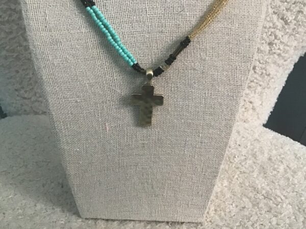 Cross Necklace (Silver Colored) Black and Turquoise Colored Beads - Image 4