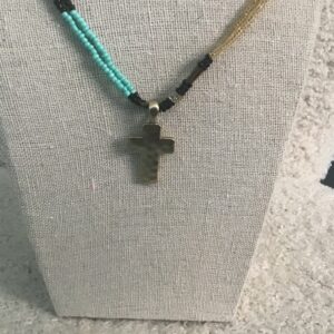 Cross Necklace (Silver Colored) Black and Turquoise Colored Beads