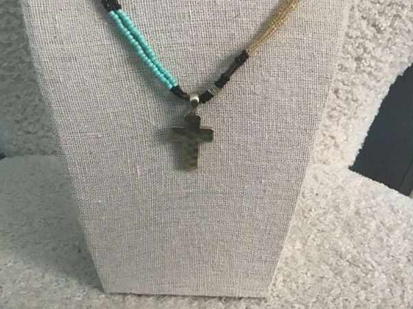 Cross Necklace (Silver Colored) Black and Turquoise Colored Beads