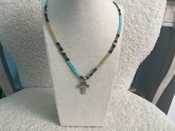 Cross Necklace (Silver Colored) Black and Turquoise Colored Beads - Image 5