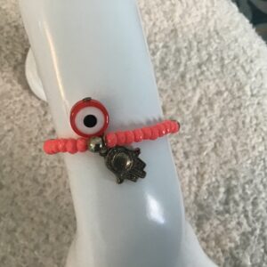 Evil Eye and Hamsa Hand Pinkish Red Beaded Bracelet