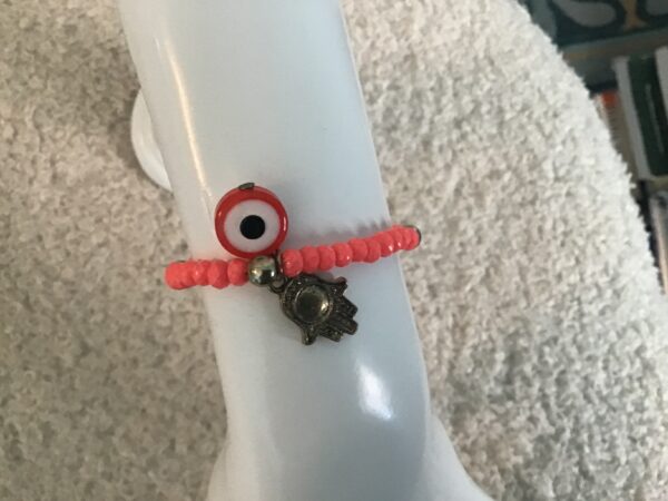 Evil Eye and Hamsa Hand Pinkish Red Beaded Bracelet