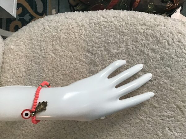 Evil Eye and Hamsa Hand Pinkish Red Beaded Bracelet - Image 3