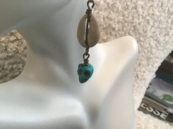 Cowrie Shell and Turquoise Colored Skull Earrings