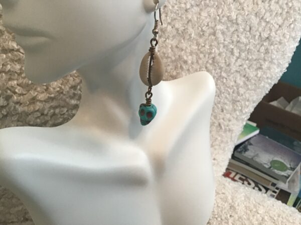 Cowrie Shell and Turquoise Colored Skull Earrings - Image 4