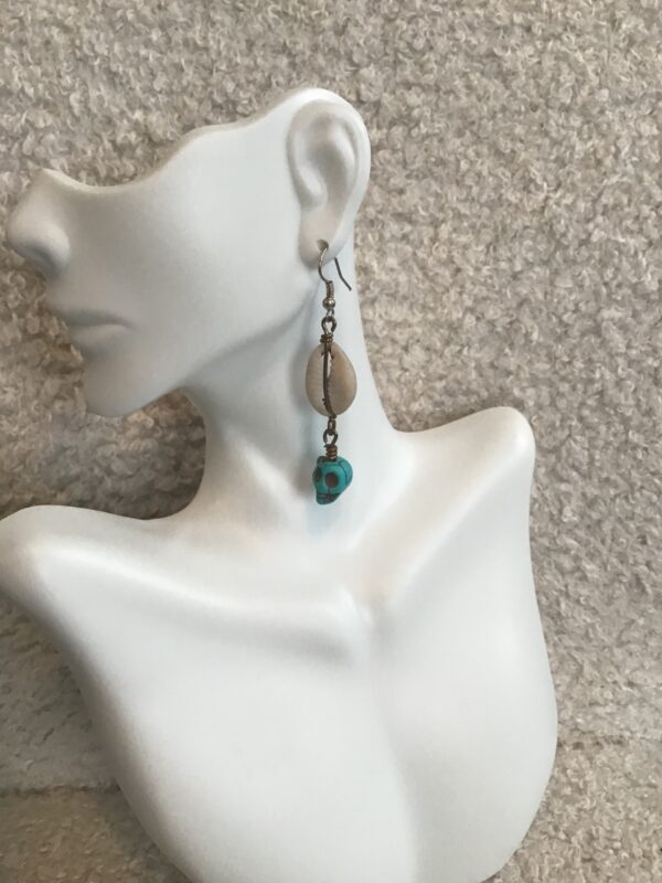 Cowrie Shell and Turquoise Colored Skull Earrings - Image 3