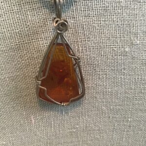 Amber Colored Tear Drop Shaped Pendant in Wire