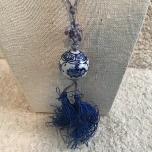 Chinese Style White and Blue Ball Necklace with Blue Tassels