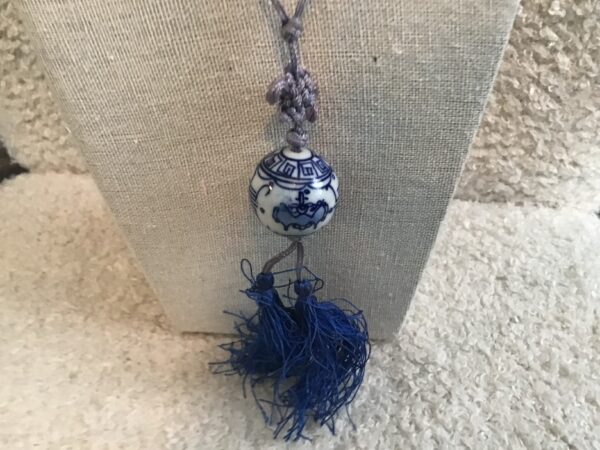 Chinese Style White and Blue Ball Necklace with Blue Tassels