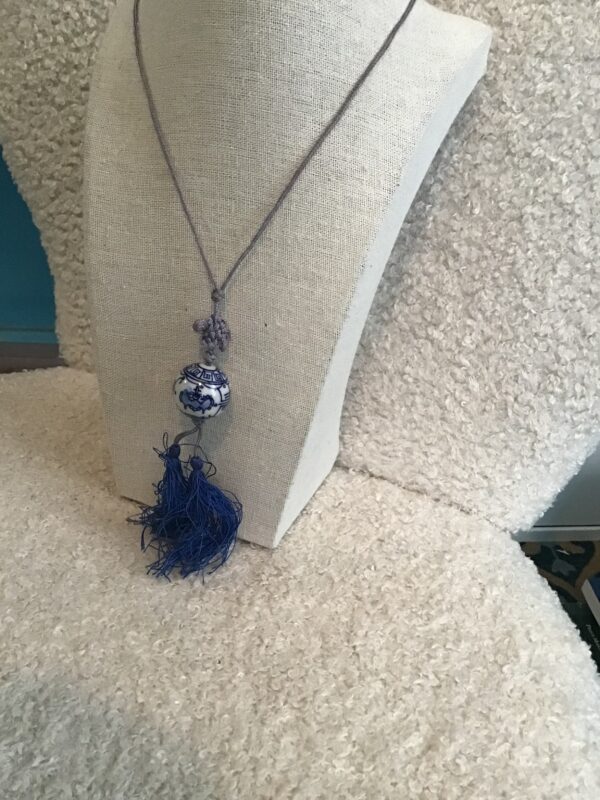 Chinese Style White and Blue Ball Necklace with Blue Tassels - Image 3