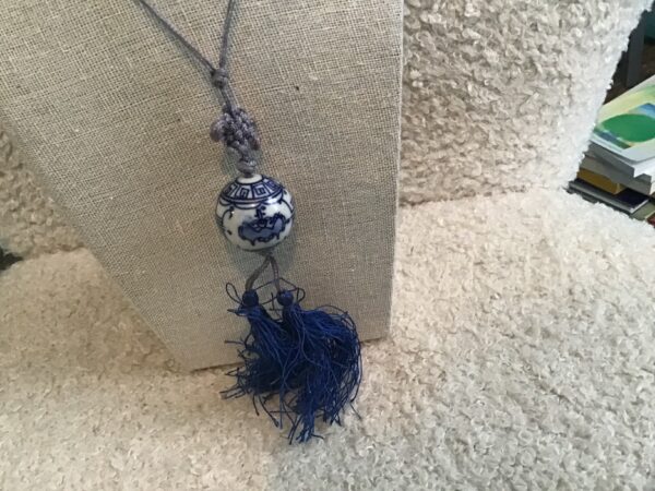Chinese Style White and Blue Ball Necklace with Blue Tassels - Image 4