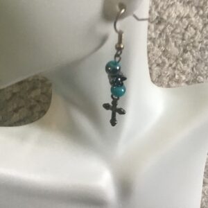 Cross and Turquoise Colored Bead and Flower Bead Earrings