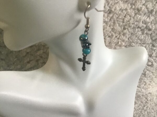 Cross and Turquoise Colored Bead and Flower Bead Earrings