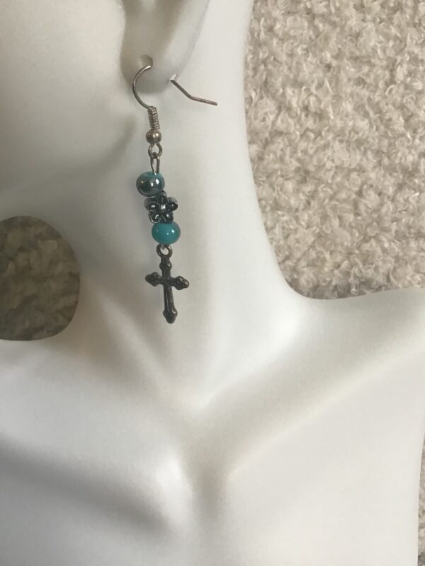 Cross and Turquoise Colored Bead and Flower Bead Earrings - Image 2