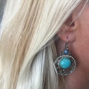 Round Dangling Turquoise and Silver Colored Earrings