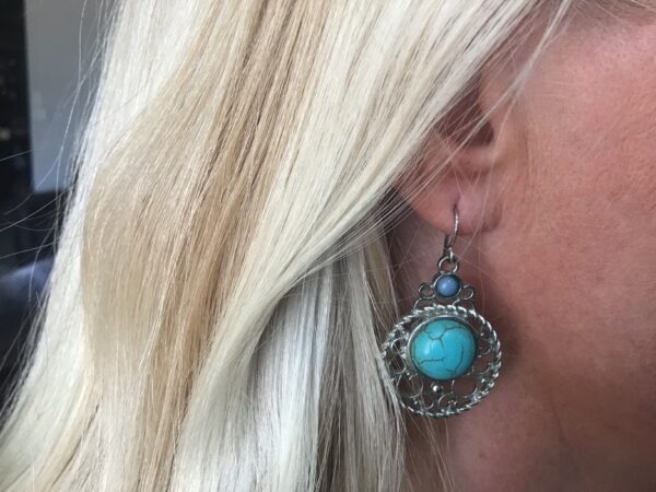 Round Dangling Turquoise and Silver Colored Earrings