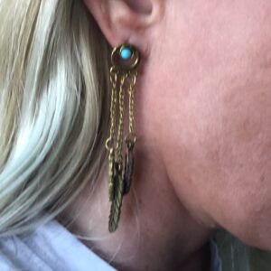 Feather and Chain Earrings with Turquoise Colored Beads (Gold Colored)