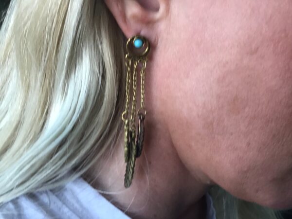 Feather and Chain Earrings with Turquoise Colored Beads (Gold Colored)