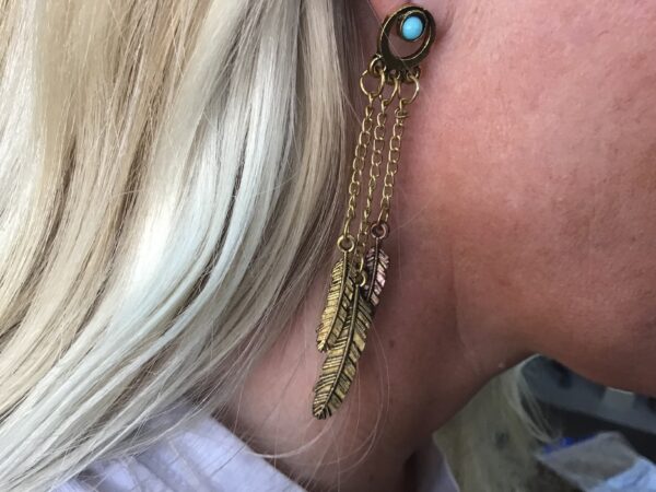 Feather and Chain Earrings with Turquoise Colored Beads (Gold Colored) - Image 5