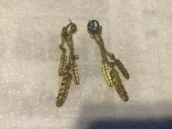Feather and Chain Earrings with Turquoise Colored Beads (Gold Colored) - Image 3