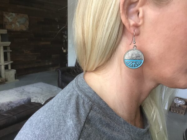 Silver Colored and Turquoise Colored Flower and Pattern Earrings