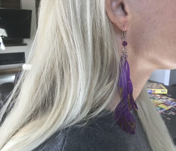Purple Feather and Gold Colored Glitter Earrings - Image 2