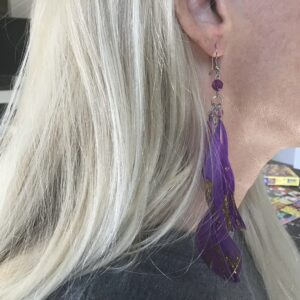 Purple Feather and Gold Colored Glitter Earrings