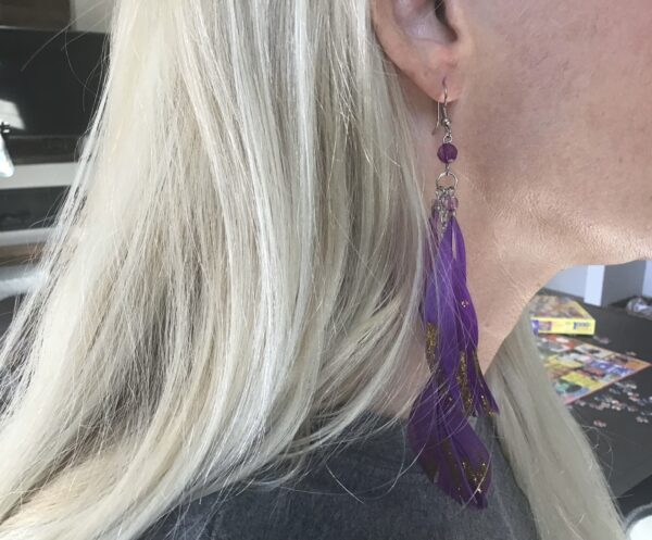 Purple Feather and Gold Colored Glitter Earrings