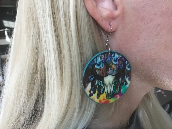 Painted Wood Bull’s Skull Circular Earrings - Image 2
