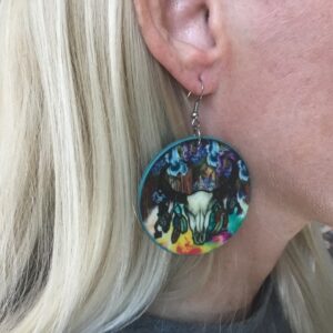 Painted Wood Bull’s Skull Circular Earrings