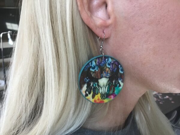 Painted Wood Bull’s Skull Circular Earrings