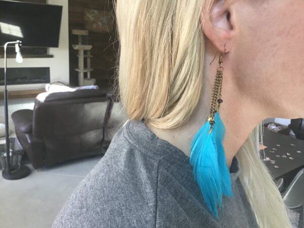 Light Blue Dangling Feather Earrings - Image 2