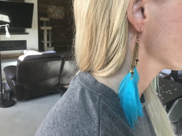 Light Blue Dangling Feather Earrings - Image 3