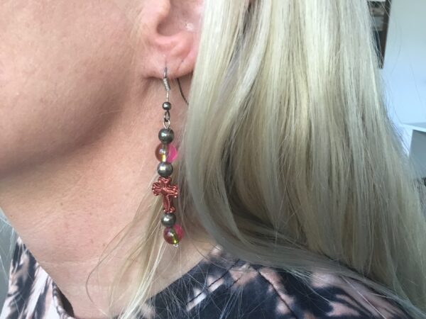 Reddish Purple Cross and Bead Earrings