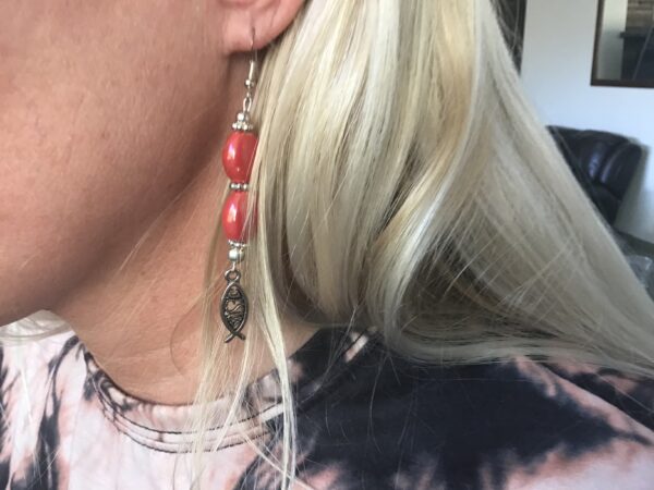 Jesus Fish and Red Bead Earrings - Image 2