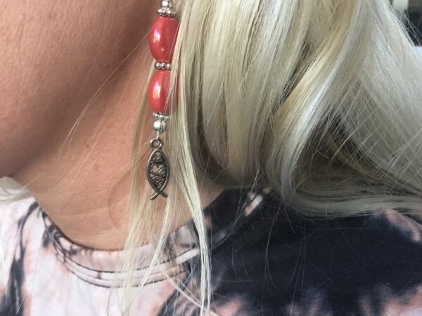 Jesus Fish and Red Bead Earrings - Image 3