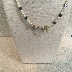 White Bead, Black Heart Bead, and Faux Crystal Necklace