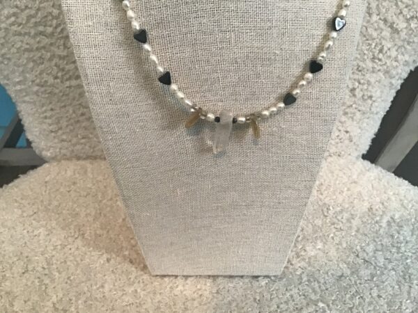White Bead, Black Heart Bead, and Faux Crystal Necklace