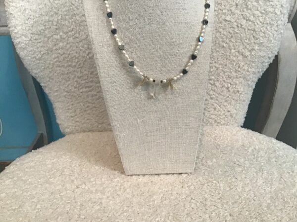 White Bead, Black Heart Bead, and Faux Crystal Necklace - Image 3