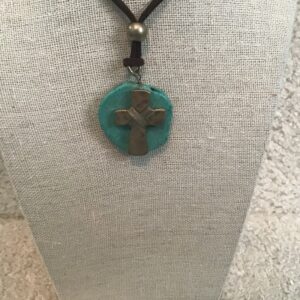 Silver Colored Cross on Turquoise Colored Stone Necklace