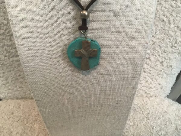 Silver Colored Cross on Turquoise Colored Stone Necklace
